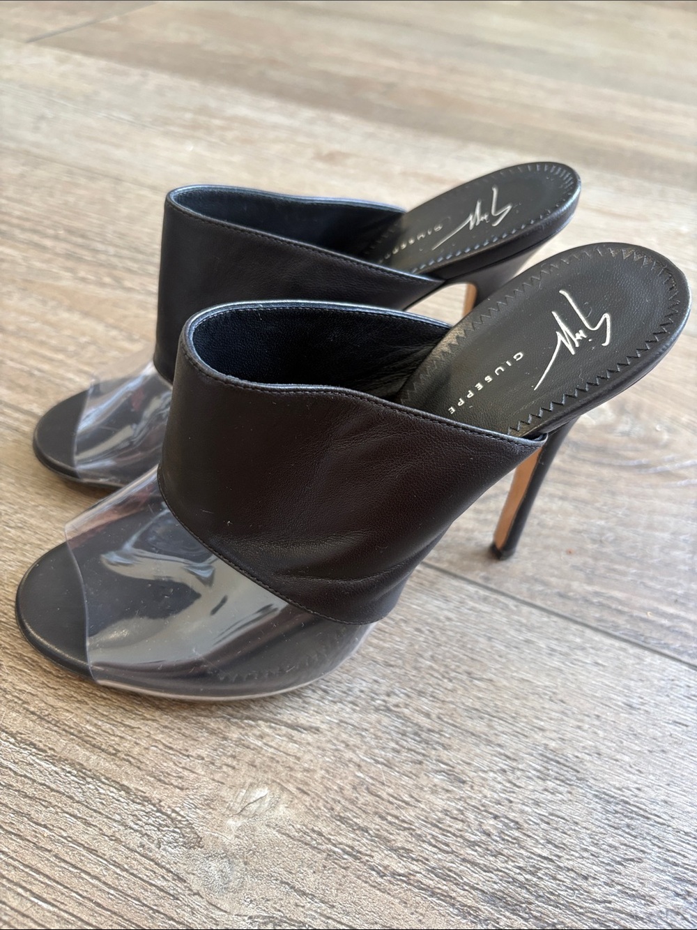 Giuseppe Zanotti Andrea Black Leather Sandal Mules w Clear PVC Strap US 6.5 or 7
